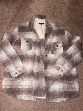 CHARLIE B Brown and White Plaid Utility Shacket